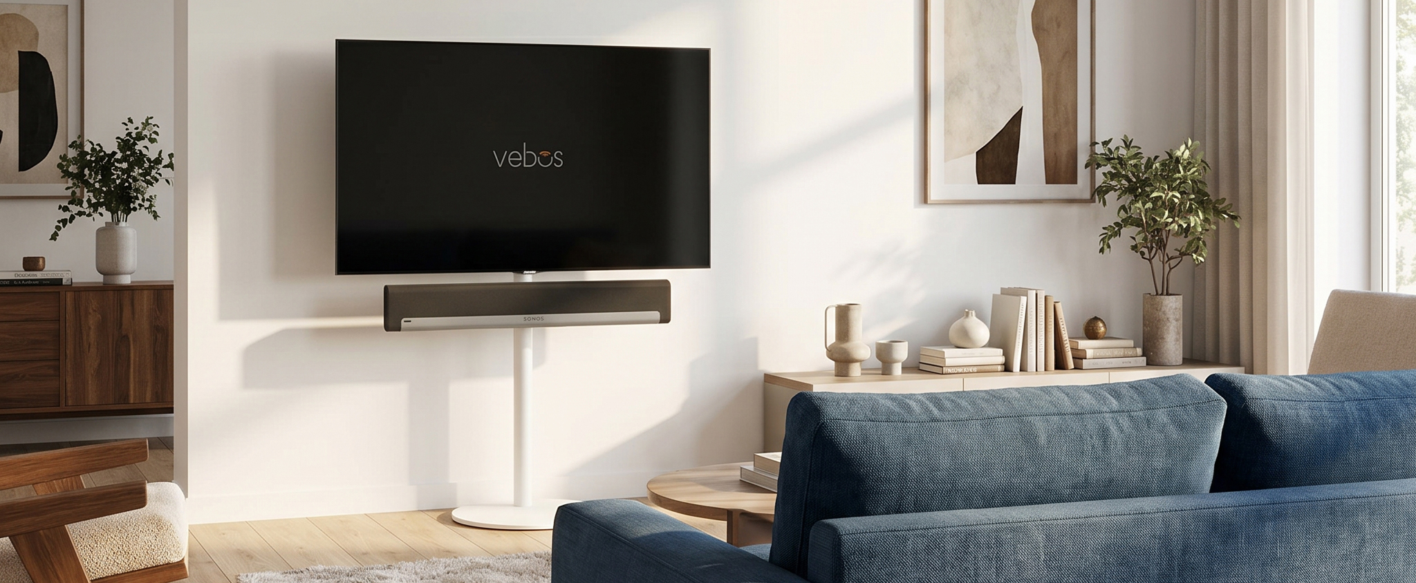 Telewizor zamontowany na podstawce pod telewizor na neutralnej ścianie.